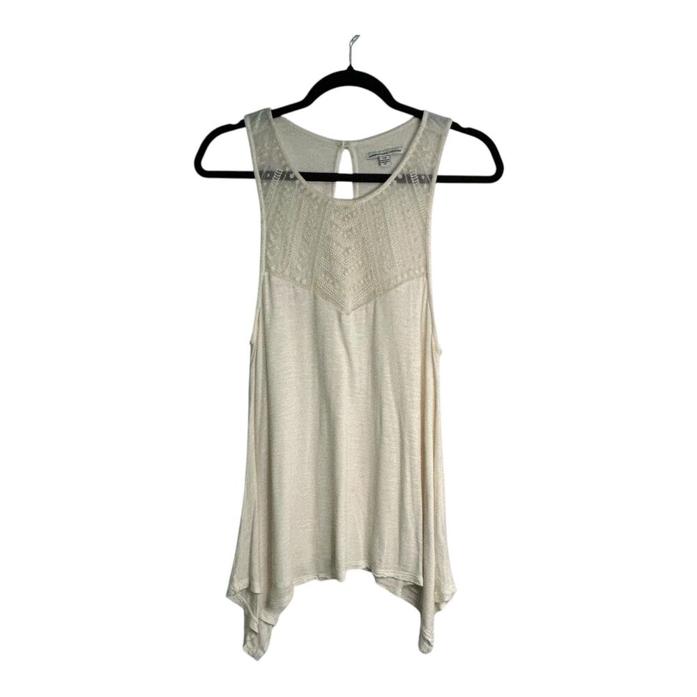 American Eagle Cream Sleeveless Lace Top Keyhole Back Shark Hem Boho Women’s L